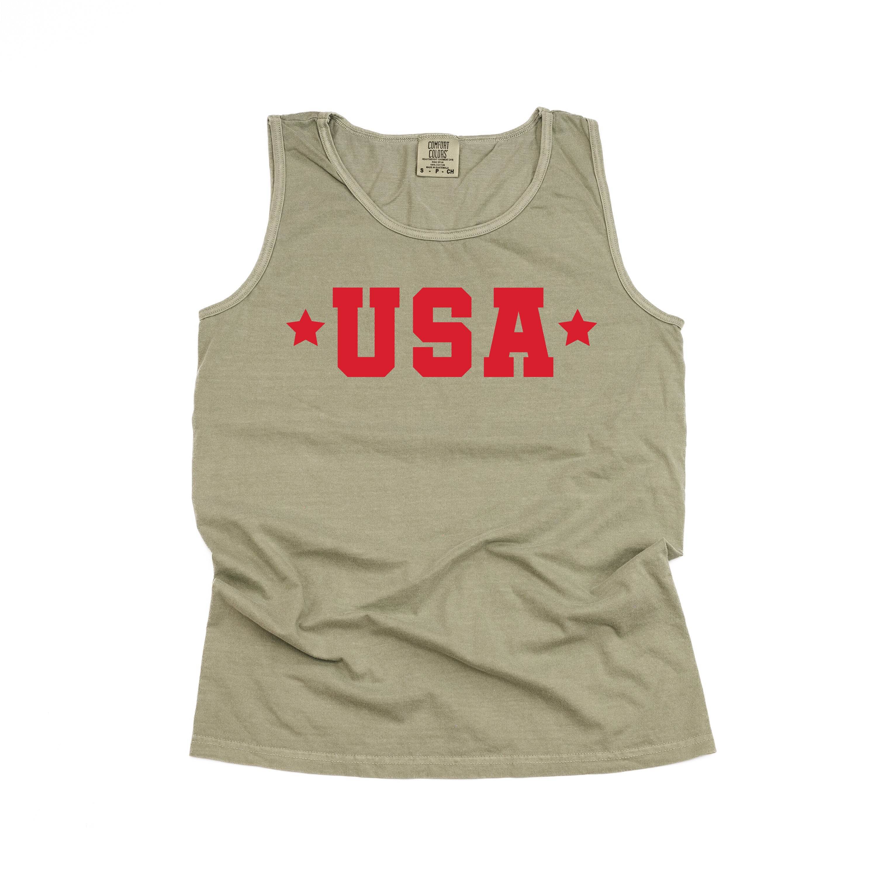 USA (Block Font - Two Stars) - Comfort Colors TANK Little Mama Shirt Shop LLC