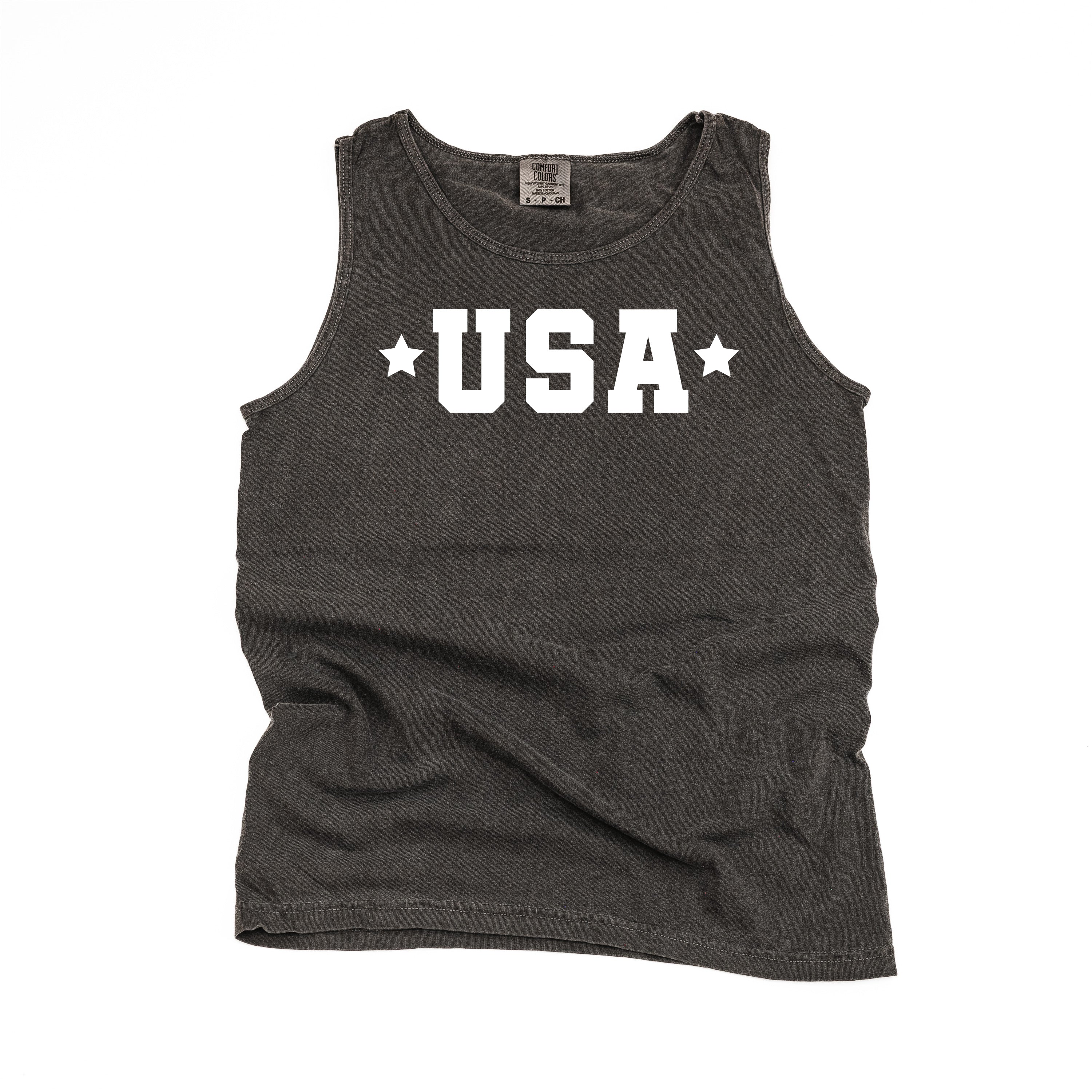 USA (Block Font - Two Stars) - Comfort Colors TANK Little Mama Shirt Shop LLC