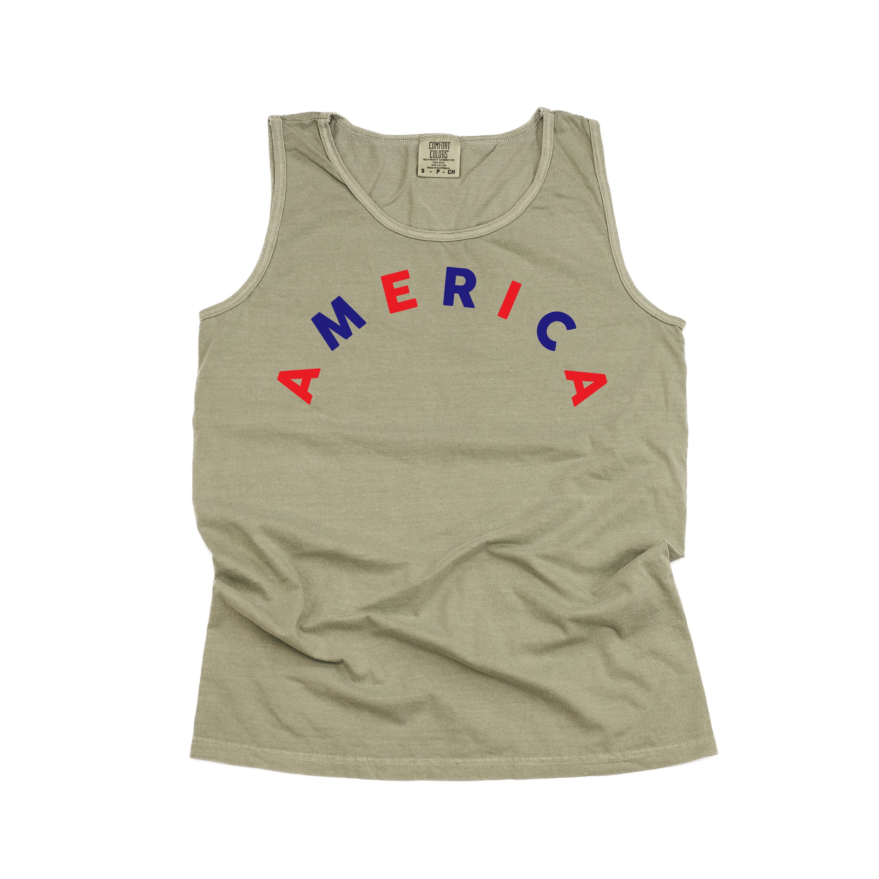 America (Arched) - Red+Blue - Comfort Colors TANK Little Mama Shirt Shop LLC