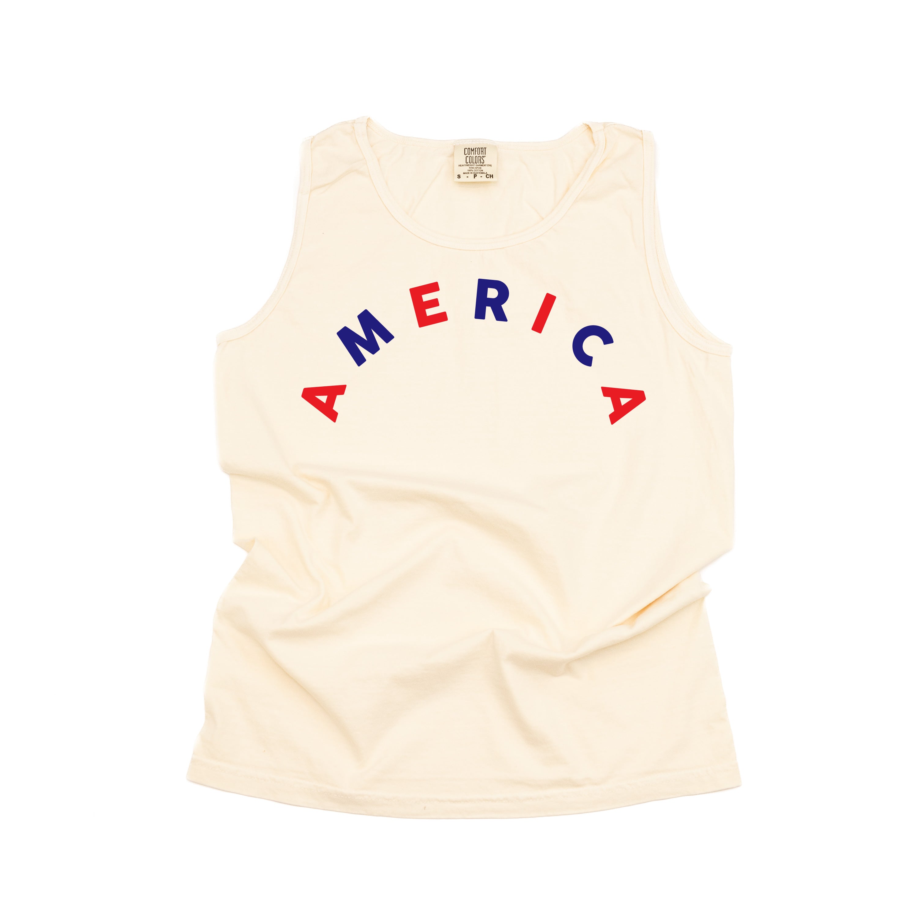 America (Arched) - Red+Blue - Comfort Colors TANK Little Mama Shirt Shop LLC