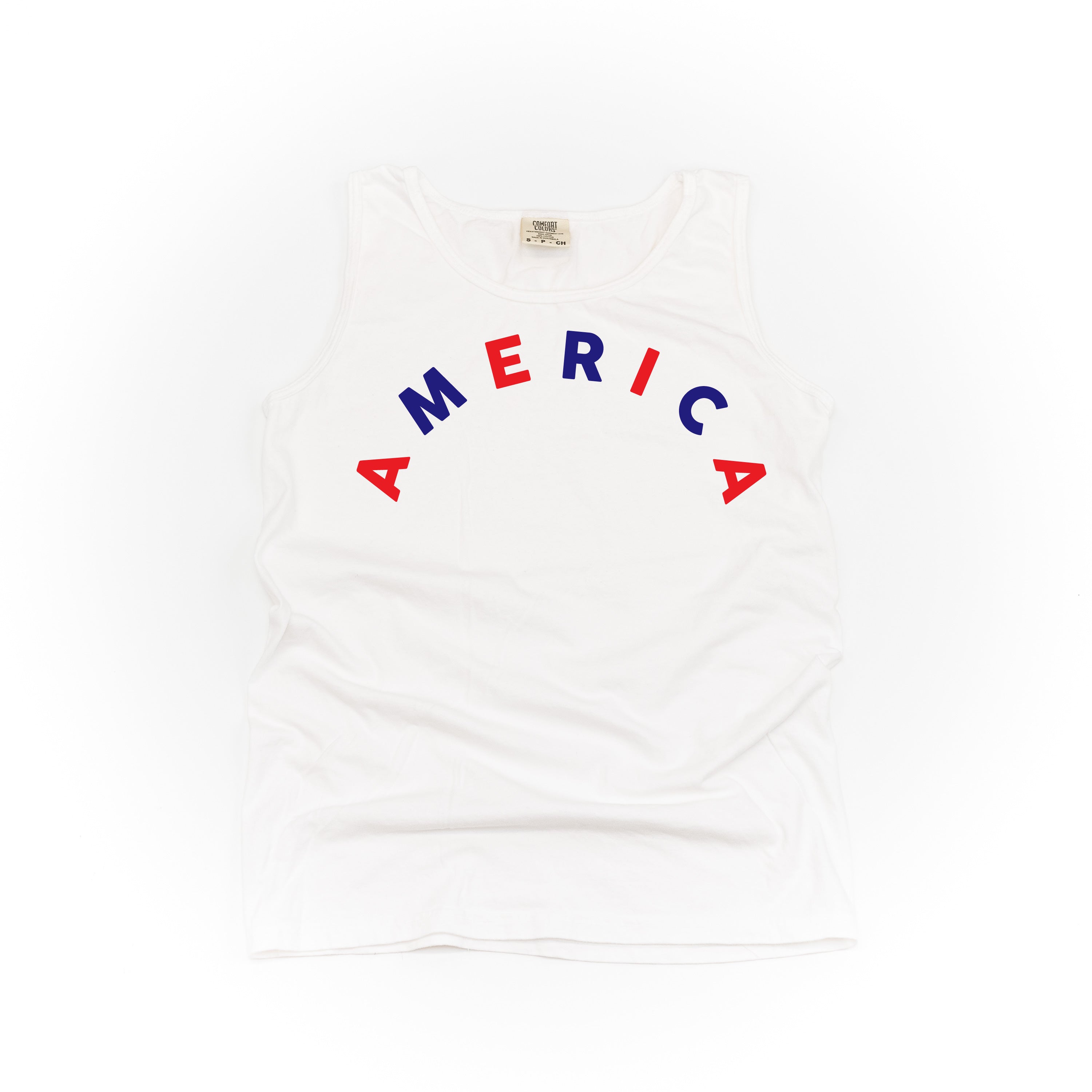 America (Arched) - Red+Blue - Comfort Colors TANK Little Mama Shirt Shop LLC
