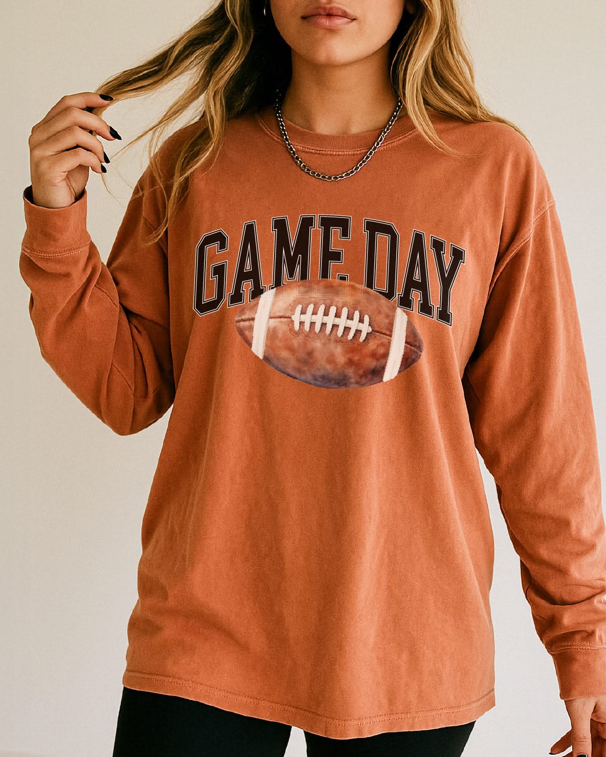 Watercolor Football - Game Day - LONG SLEEVE Comfort Colors Tee Little Mama Shirt Shop