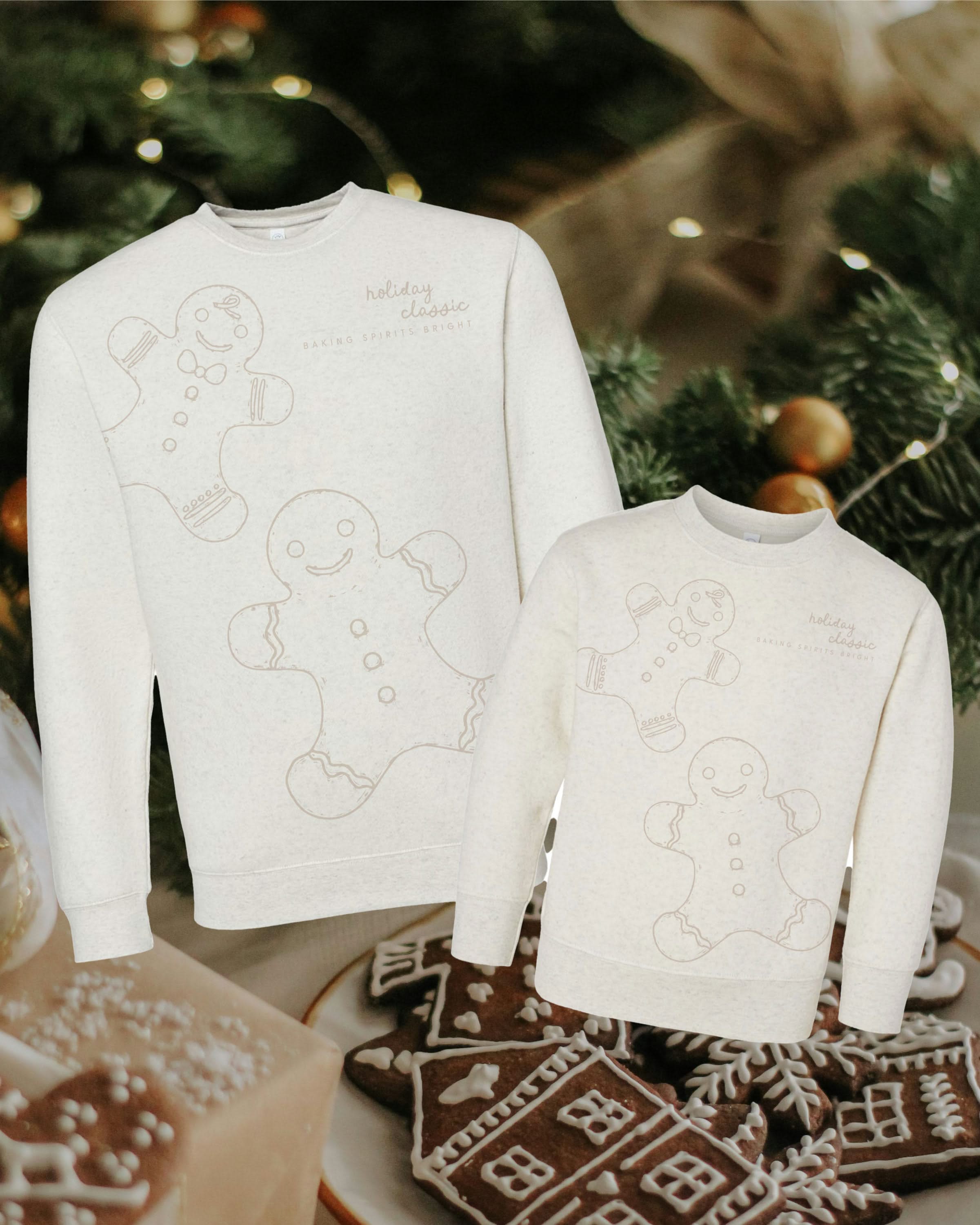 Adult and child fleece in natural with printed ginger bread family pattern, shown on flat lay – Little Mama Shirt Shop
