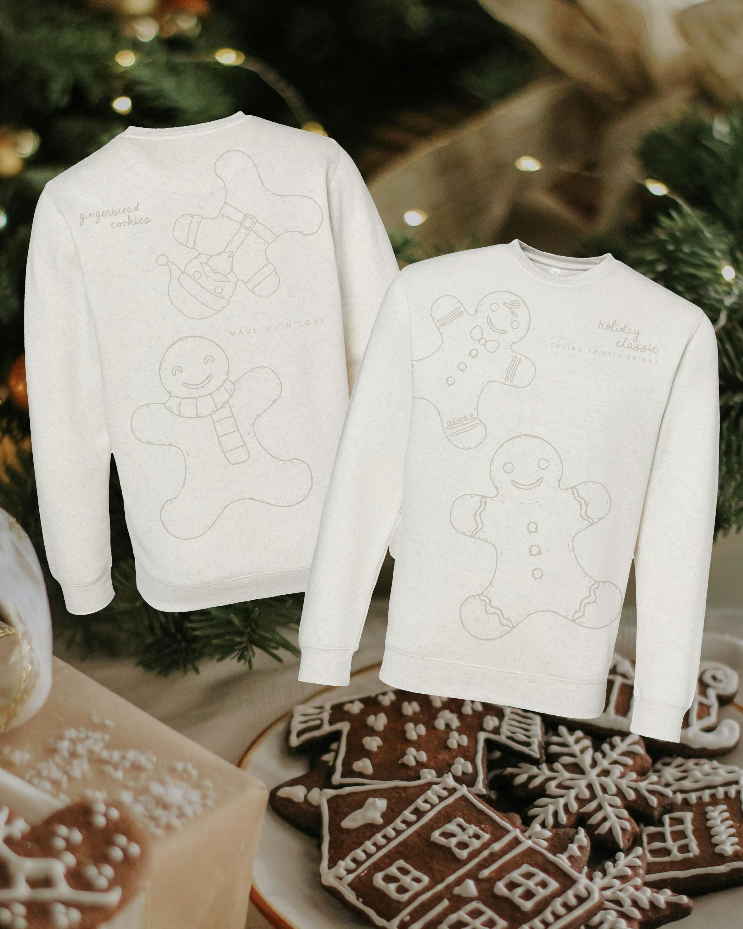 Adult fleece in natural with printed ginger bread family pattern, shown on flat lay – Little Mama Shirt Shop