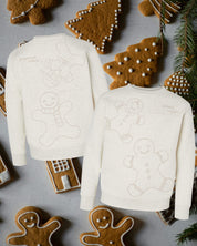 Child fleece in natural with printed ginger bread family pattern, shown on model – Little Mama Shirt Shop