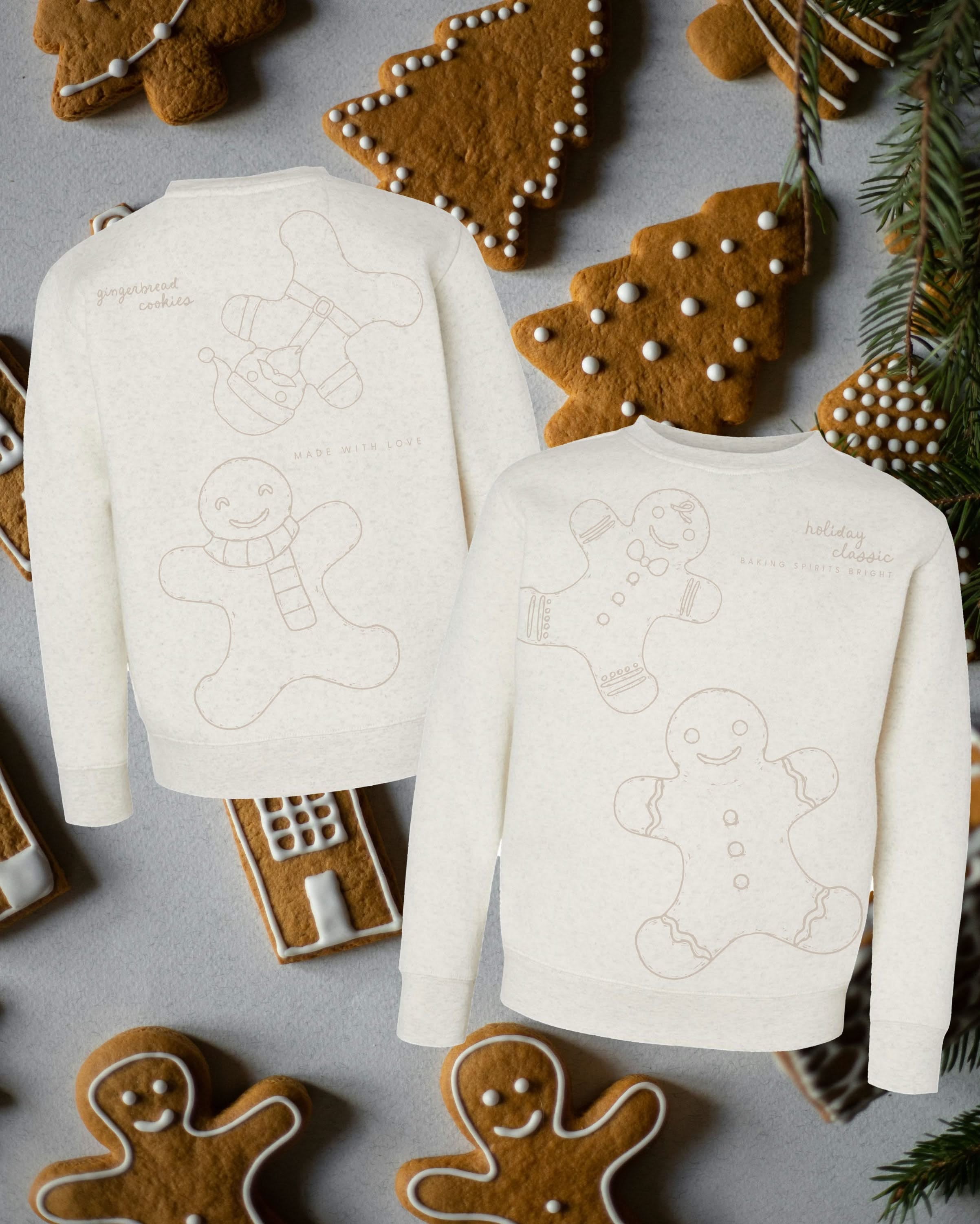 Child fleece in natural with printed ginger bread family pattern, shown on model – Little Mama Shirt Shop