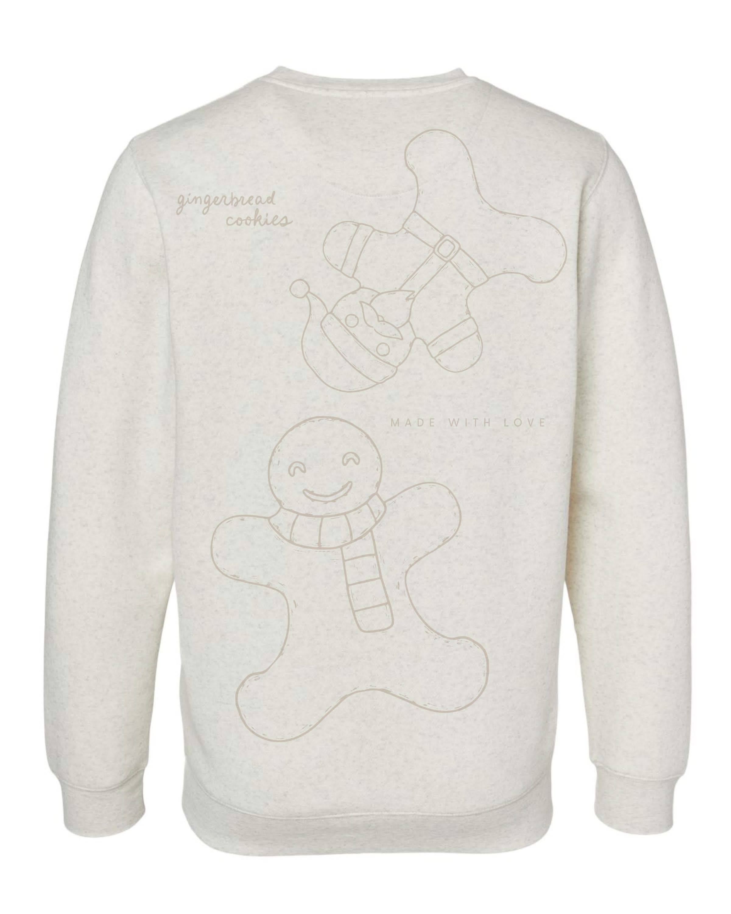 Child fleece in natural with printed ginger bread family pattern, shown on model – Little Mama Shirt Shop