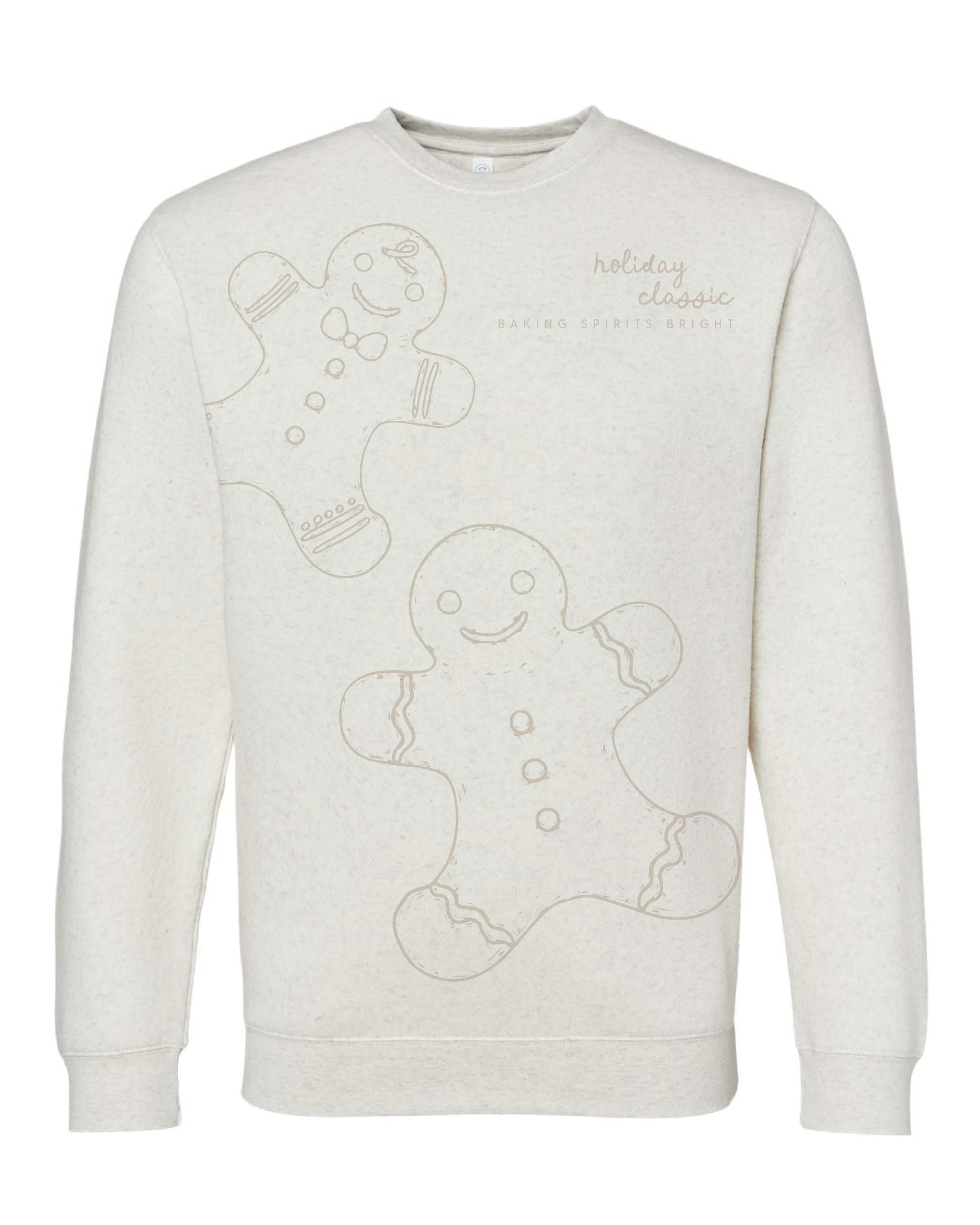 Adult fleece in natural with printed ginger bread family pattern, shown on flat lay – Little Mama Shirt Shop