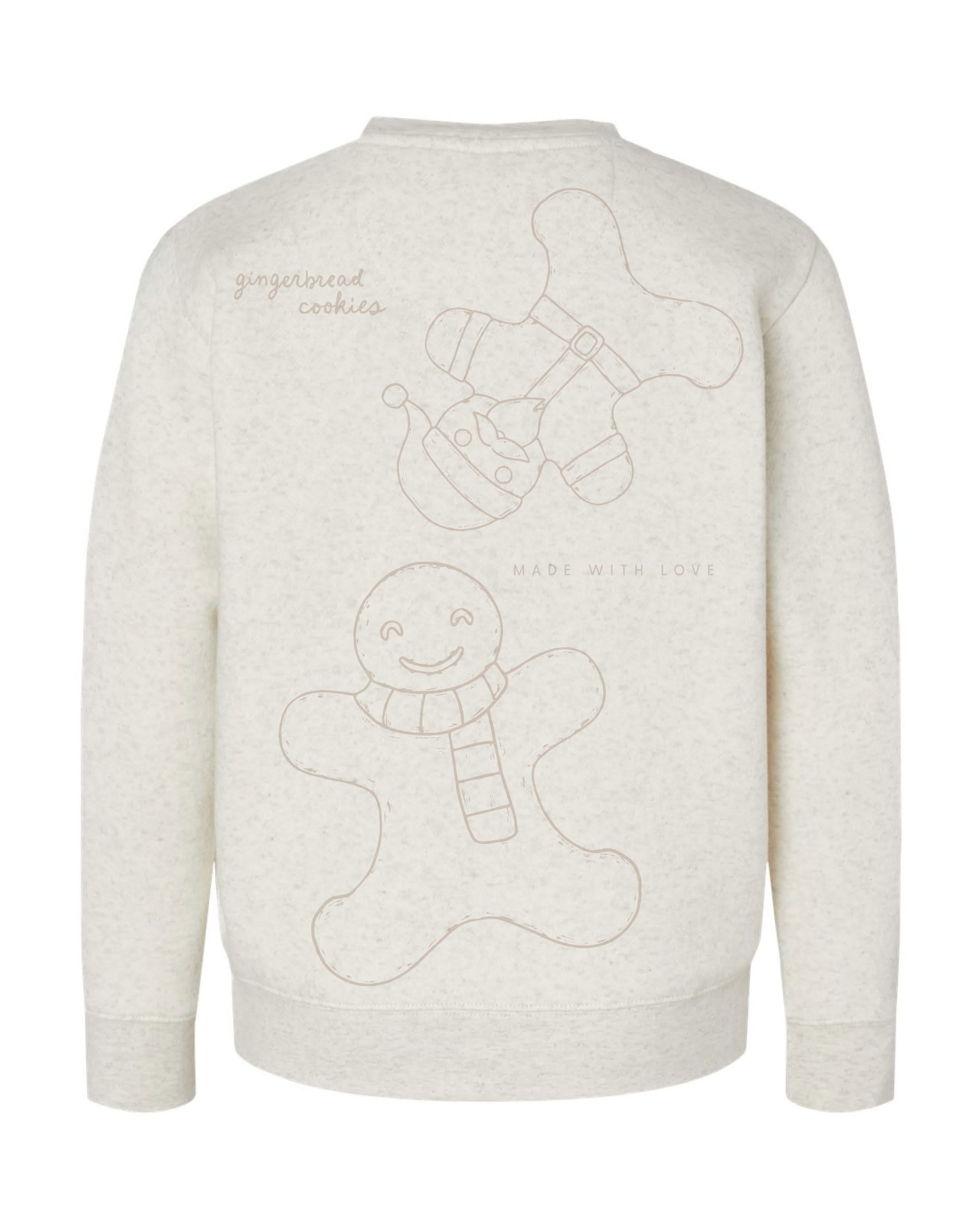 Child fleece in natural with printed ginger bread family pattern, shown on model – Little Mama Shirt Shop
