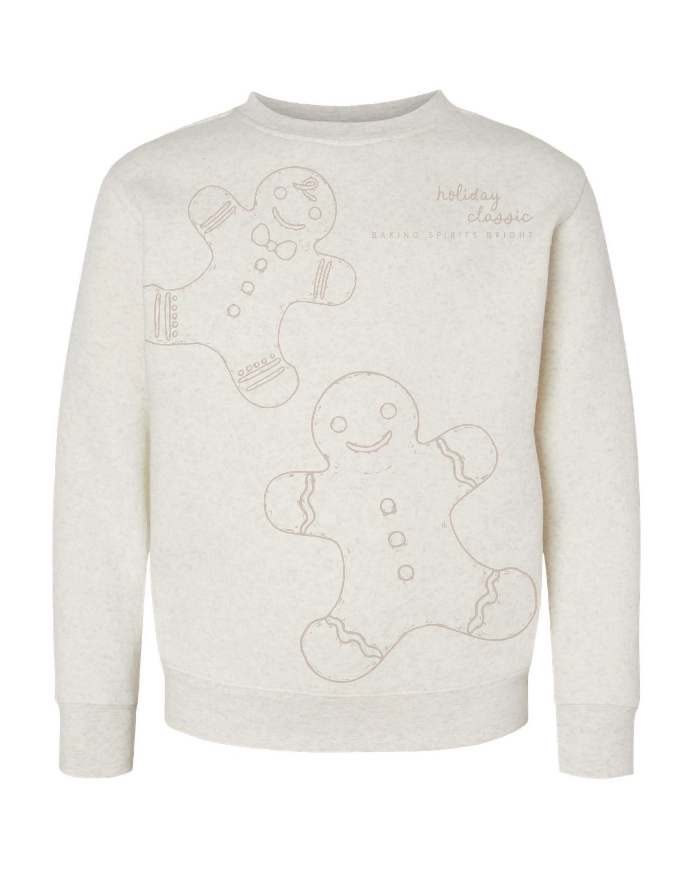 Child fleece in natural with printed ginger bread family pattern, shown on model – Little Mama Shirt Shop