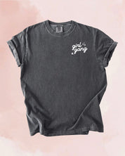 Adult tee in pepper with "girl gang" design on front chest, shown on flat lay - Little Mama Shirt Shop