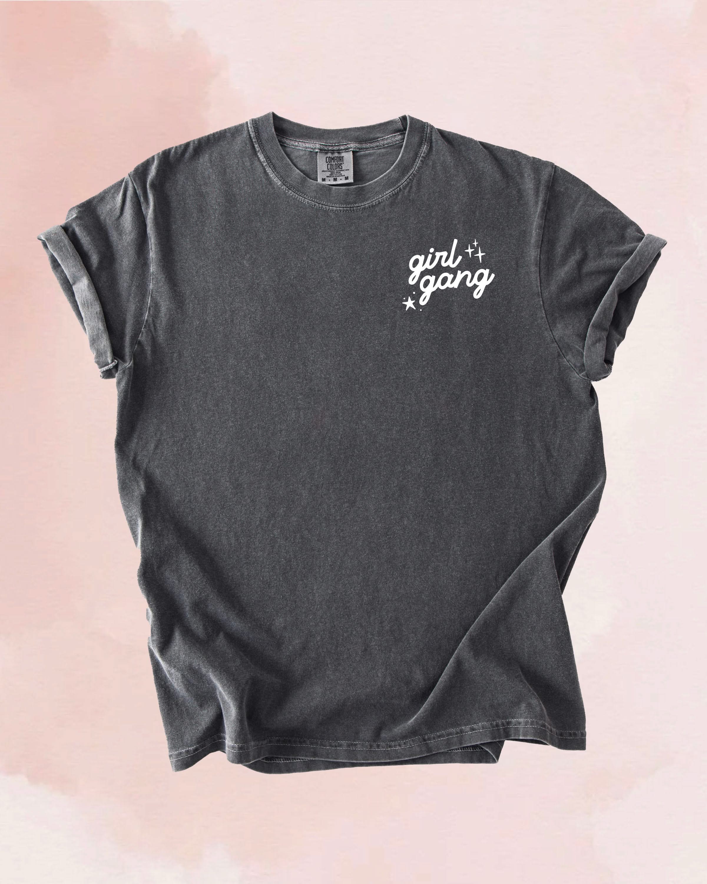 Adult tee in pepper with "girl gang" design on front chest, shown on flat lay - Little Mama Shirt Shop