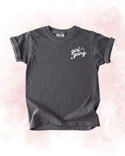 Child tee in pepper with "girl gang" design on front chest, shown on flat lay - Little Mama Shirt Shop