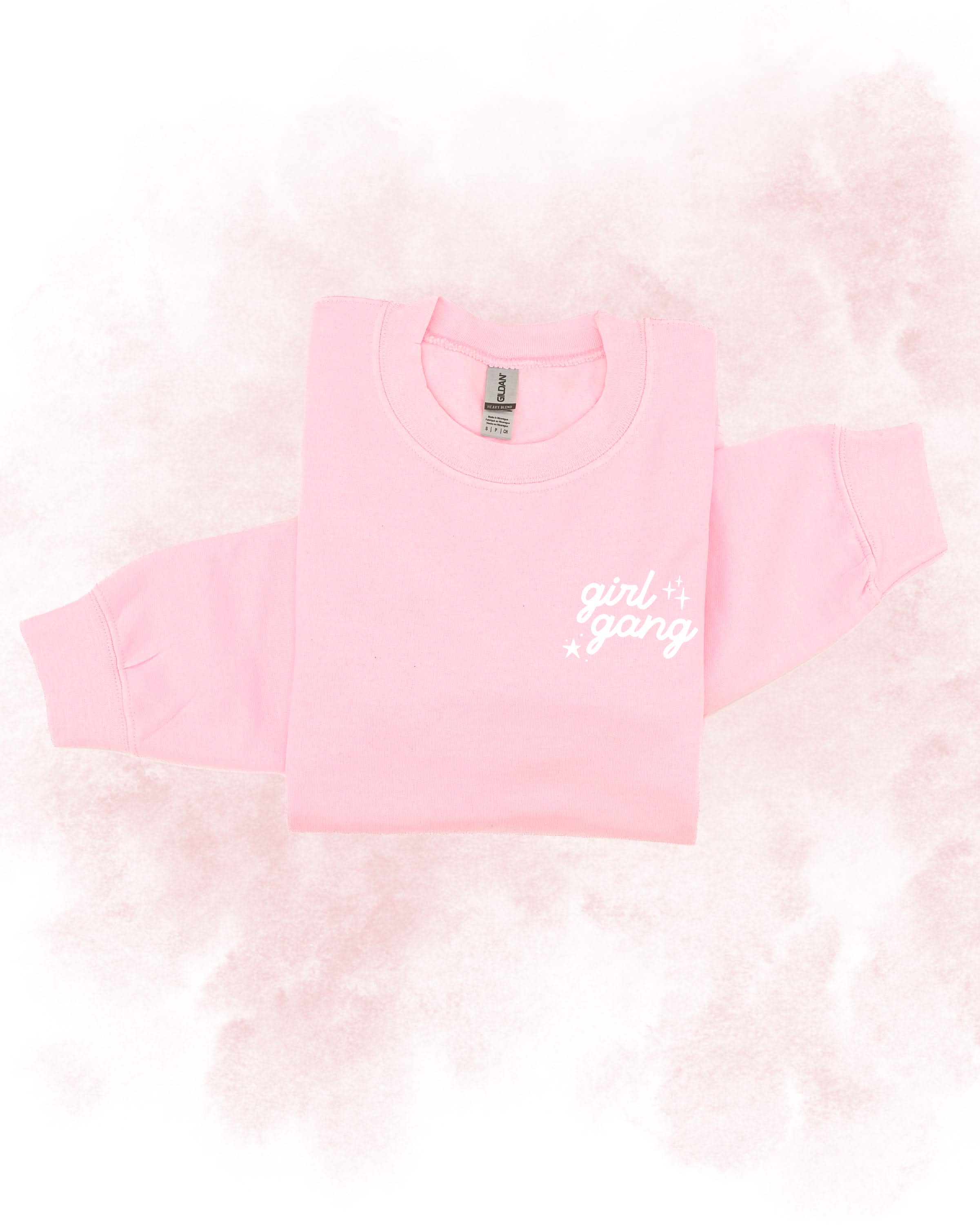 Adult sweater in light pink with "girl gang" design on front chest, shown on flat lay - Little Mama Shirt Shop