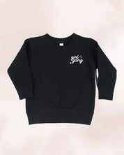 Child sweater in black with "girl gang" design on front chest, shown on flat lay - Little Mama Shirt Shop