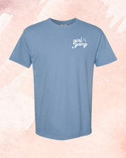 Adult tee in washed denim with "girl gang" design on front chest, shown on flat lay - Little Mama Shirt Shop
