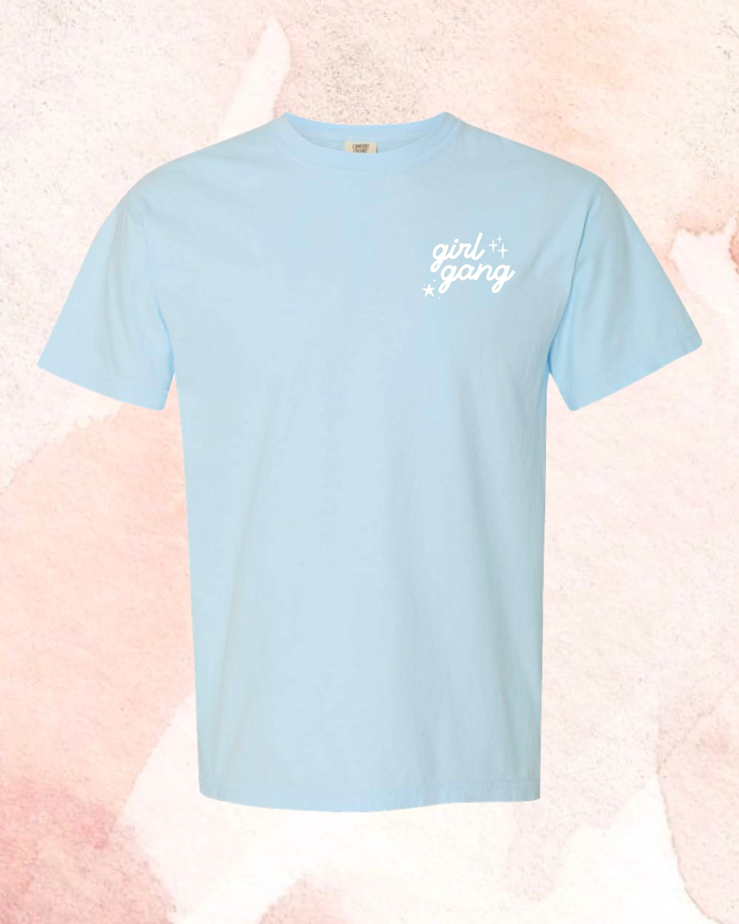 Adult tee in chambray with "girl gang" design on front chest, shown on flat lay - Little Mama Shirt Shop