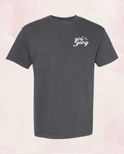 Adult tee in pepper with "girl gang" design on front chest, shown on flat lay - Little Mama Shirt Shop