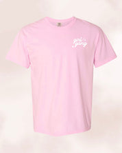 Adult tee in blossom with "girl gang" design on front chest, shown on flat lay - Little Mama Shirt Shop