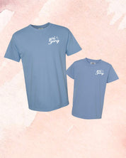 Adult and child tees in washed denim with "girl gang" design on front chest, shown on flat lay - Little Mama Shirt Shop