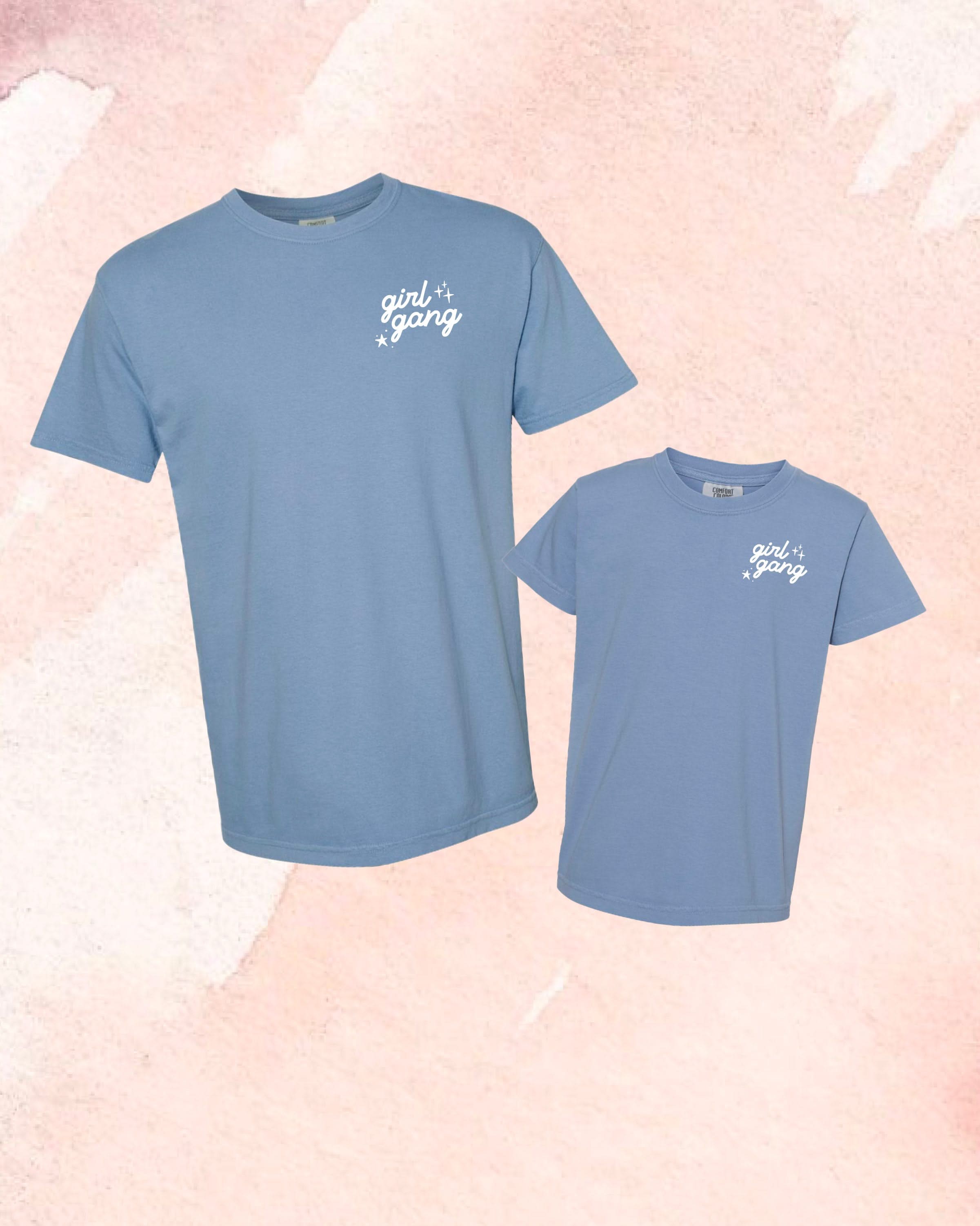 Adult and child tees in washed denim with "girl gang" design on front chest, shown on flat lay - Little Mama Shirt Shop