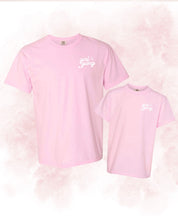Adult and child tees in blossom with "girl gang" design on front chest, shown on flat lay - Little Mama Shirt Shop