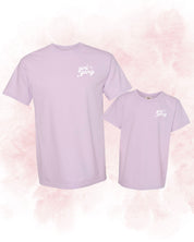 Adult and child tees in orchid with "girl gang" design on front chest, shown on flat lay - Little Mama Shirt Shop