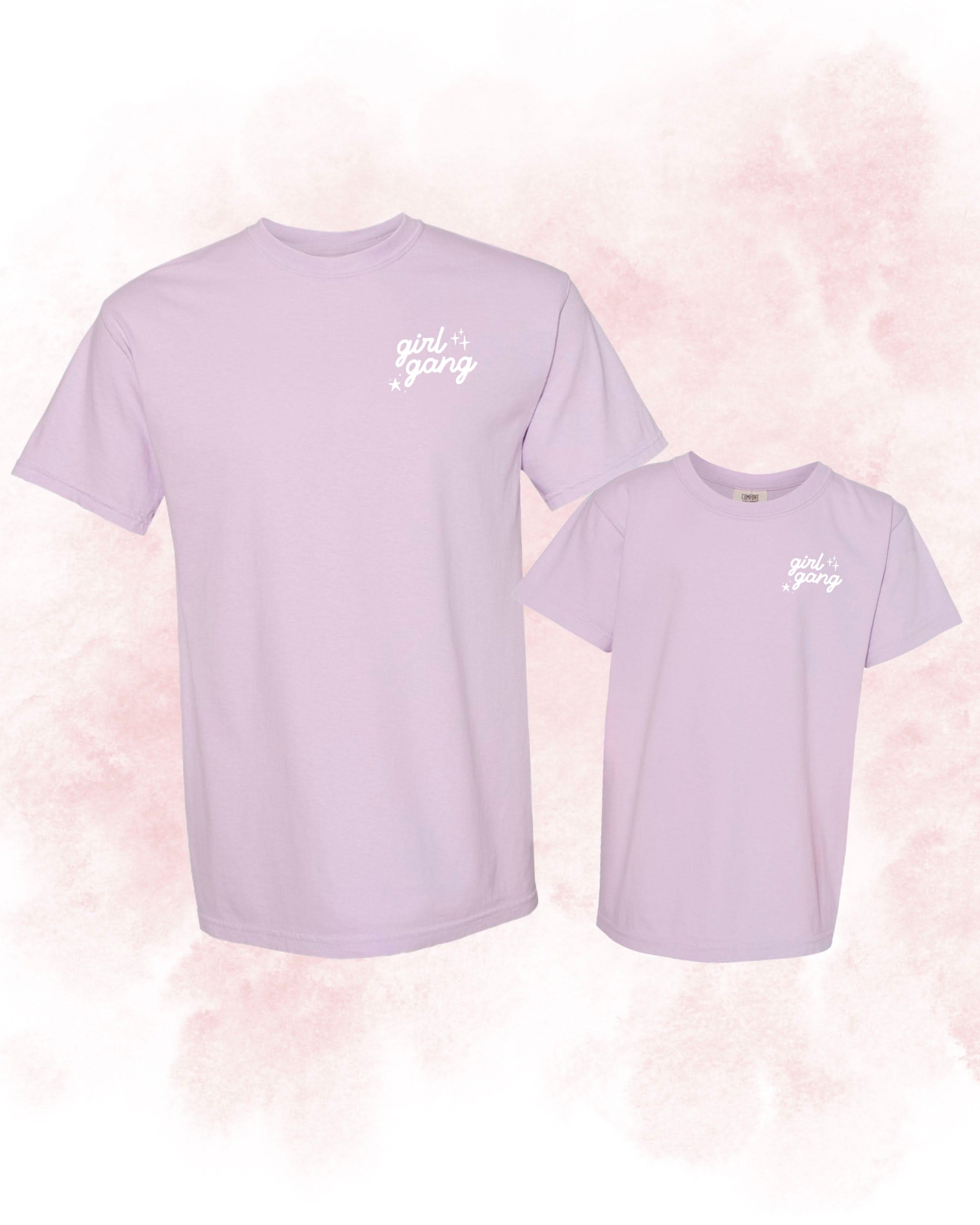 Adult and child tees in orchid with "girl gang" design on front chest, shown on flat lay - Little Mama Shirt Shop
