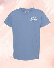 Child tee in washed denim with "girl gang" design on front chest, shown on flat lay - Little Mama Shirt Shop