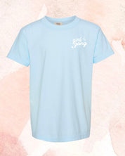 Child tee in chambray with "girl gang" design on front chest, shown on flat lay - Little Mama Shirt Shop