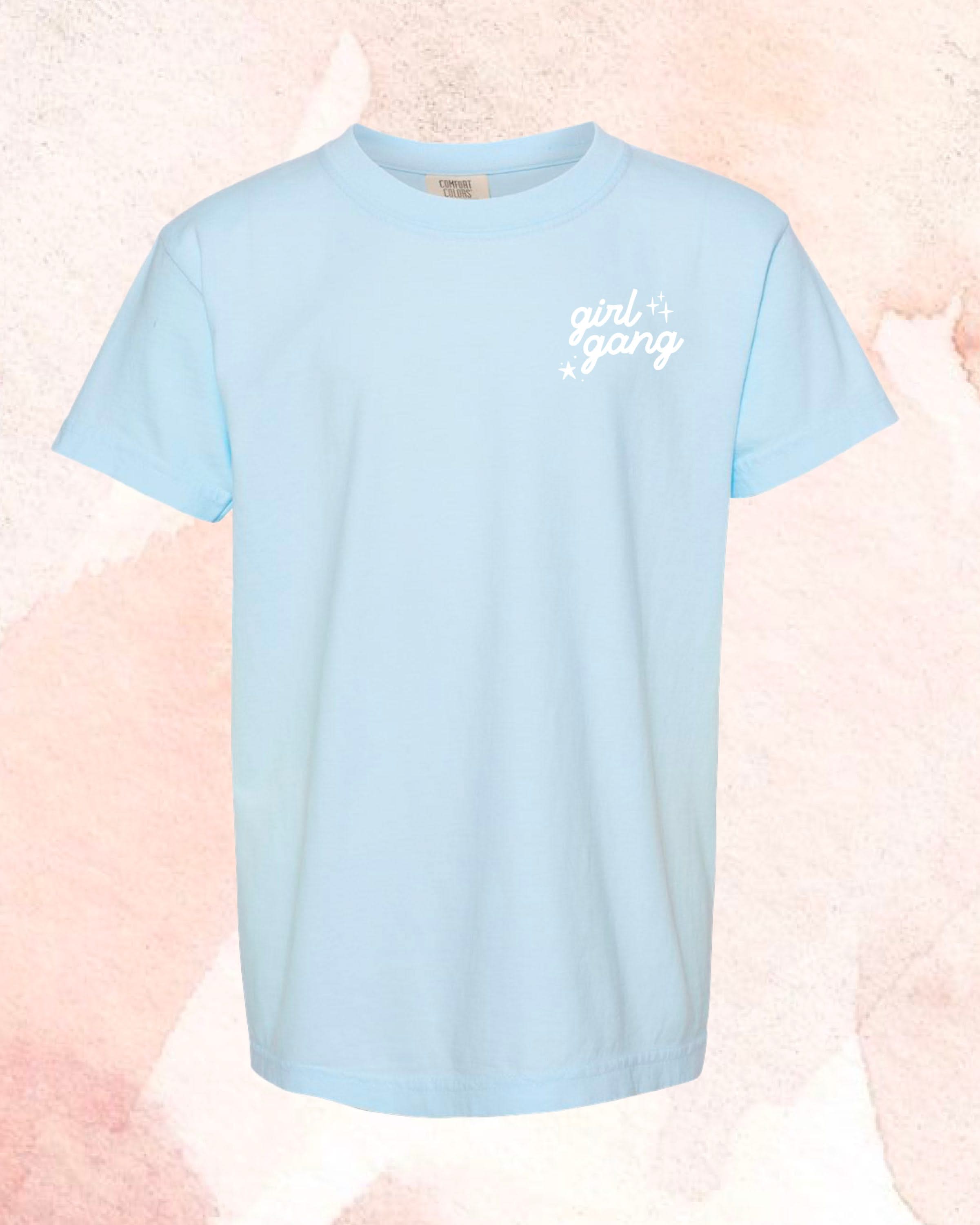 Child tee in chambray with "girl gang" design on front chest, shown on flat lay - Little Mama Shirt Shop