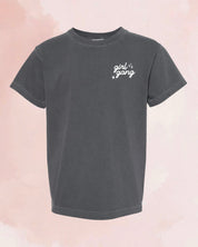 Child tee in pepper with "girl gang" design on front chest, shown on flat lay - Little Mama Shirt Shop