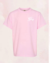 Child tee in blossom with "girl gang" design on front chest, shown on flat lay - Little Mama Shirt Shop