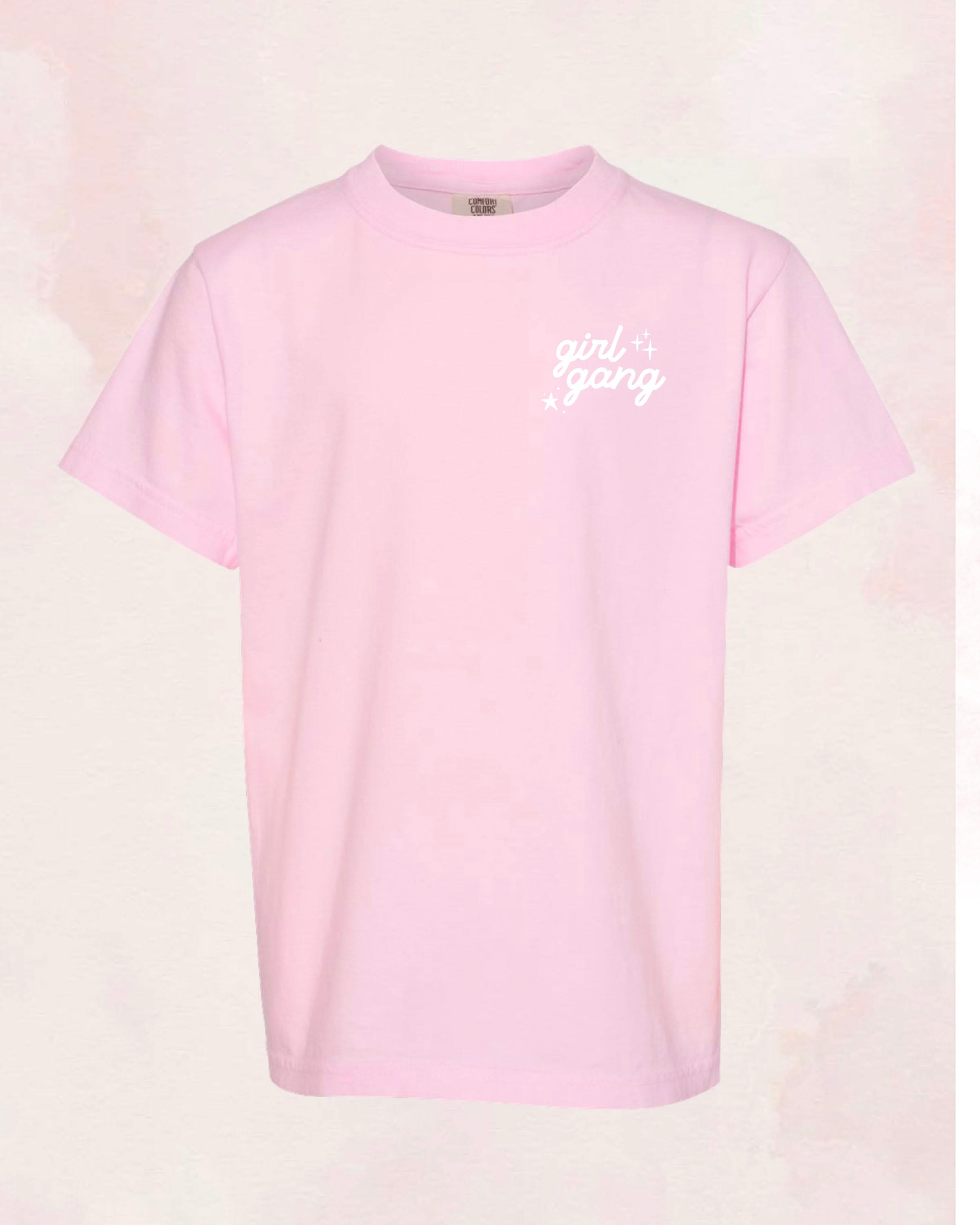 Child tee in blossom with "girl gang" design on front chest, shown on flat lay - Little Mama Shirt Shop