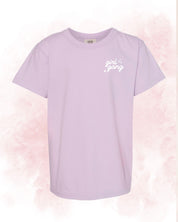 Child tee in orchid with "girl gang" design on front chest, shown on flat lay - Little Mama Shirt Shop