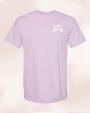 Adult tee in orchid with "girl gang" design on front chest, shown on flat lay - Little Mama Shirt Shop