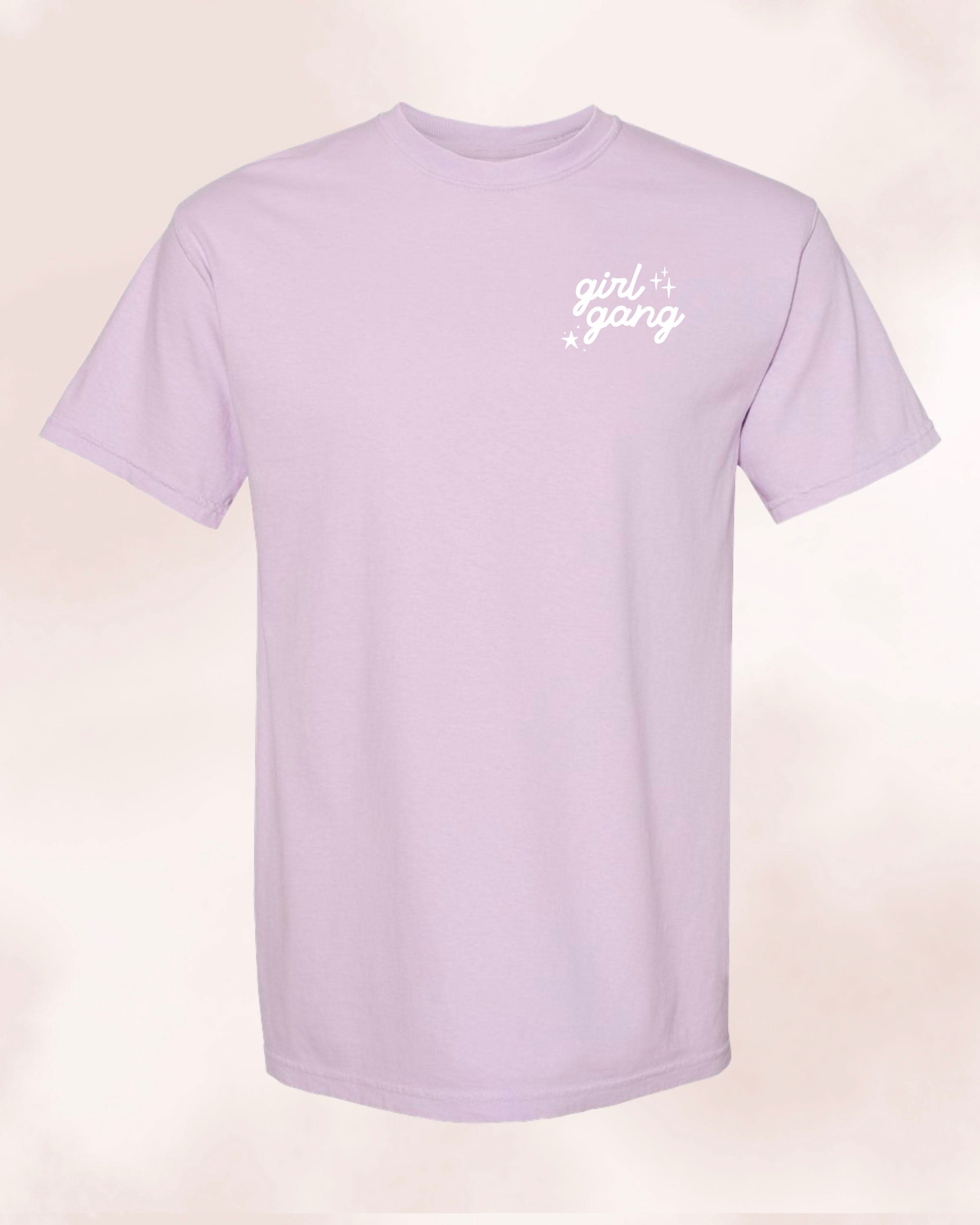 Adult tee in orchid with "girl gang" design on front chest, shown on flat lay - Little Mama Shirt Shop