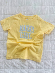 Butter yellow girls t-shirt with blue gingham “mama’s girl” graphic