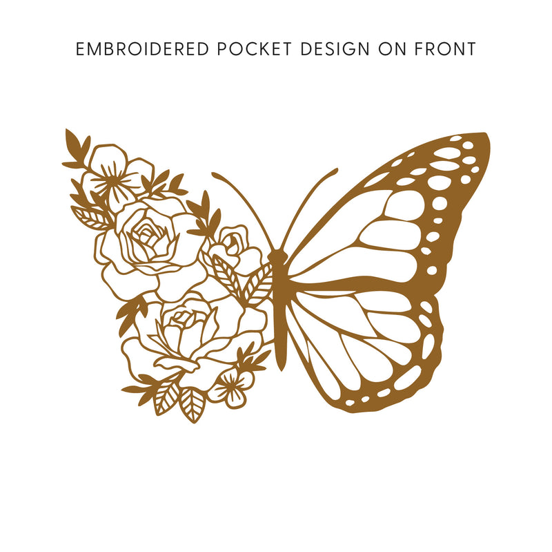 EMBROIDERED Pocket Floral Butterfly on Front w/ Printed Growth Takes Time on Back - Pigment Crewneck Sweatshirt
