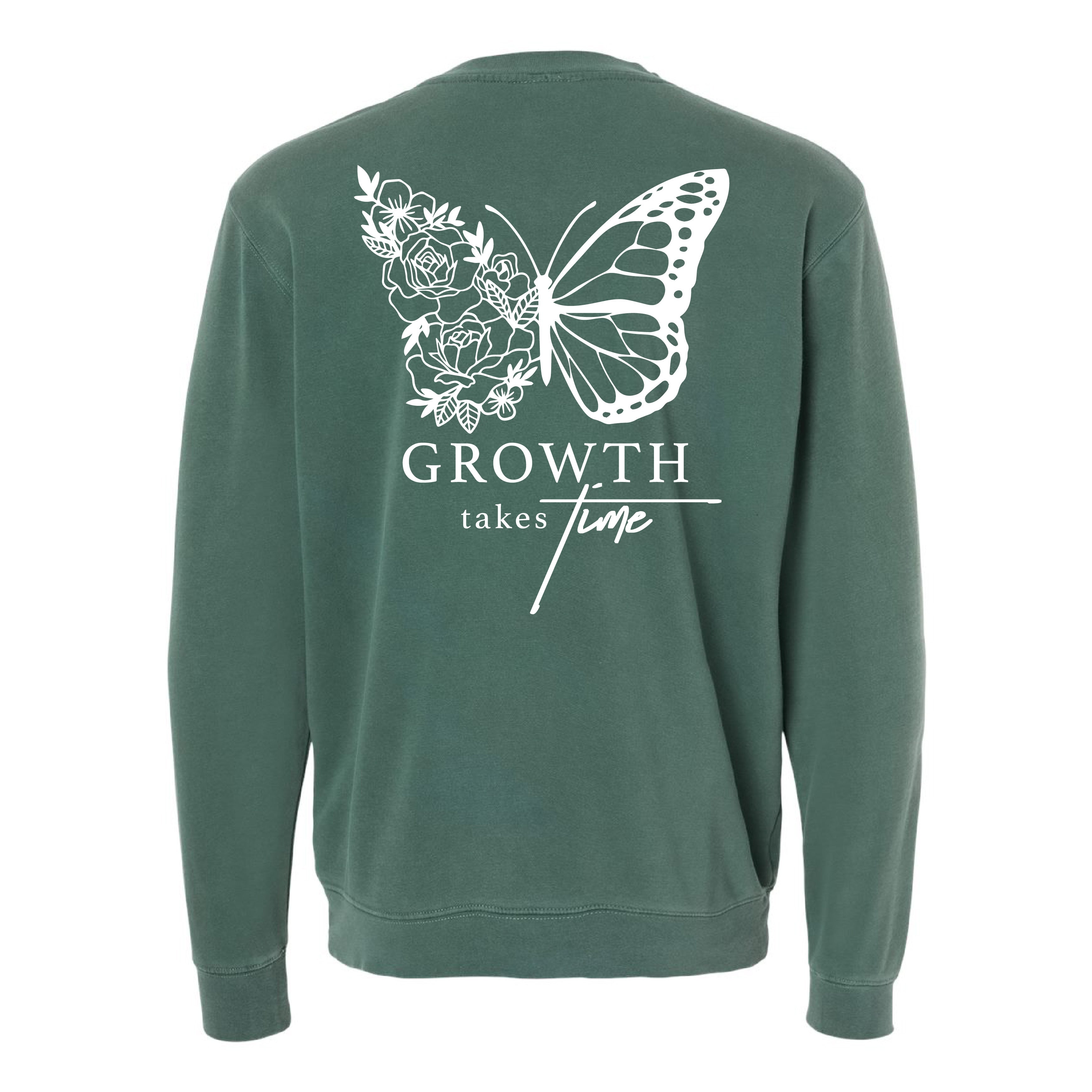 Embroidered/Printed PIGMENT Crewneck (pf&b) - Floral Butterfly / Growth Takes Time Little Mama Shirt Shop LLC