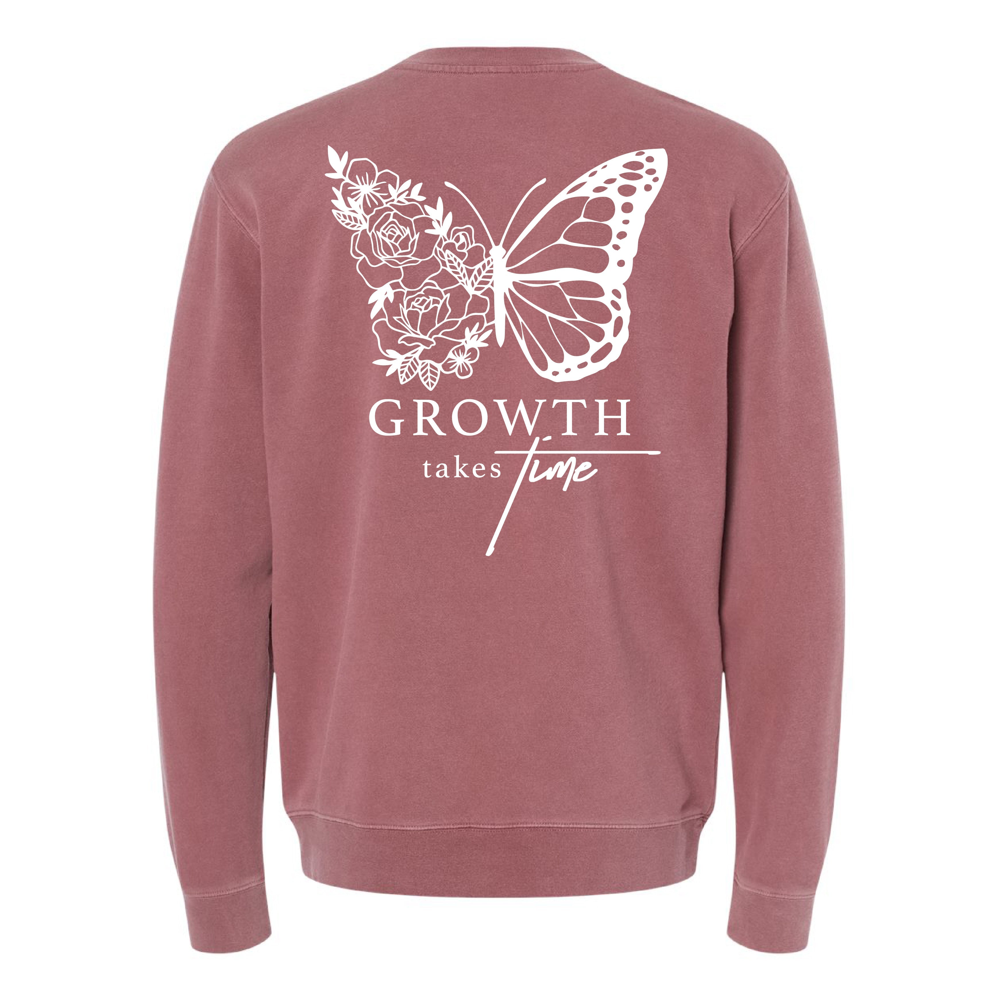 Embroidered/Printed PIGMENT Crewneck (pf&b) - Floral Butterfly / Growth Takes Time Little Mama Shirt Shop LLC