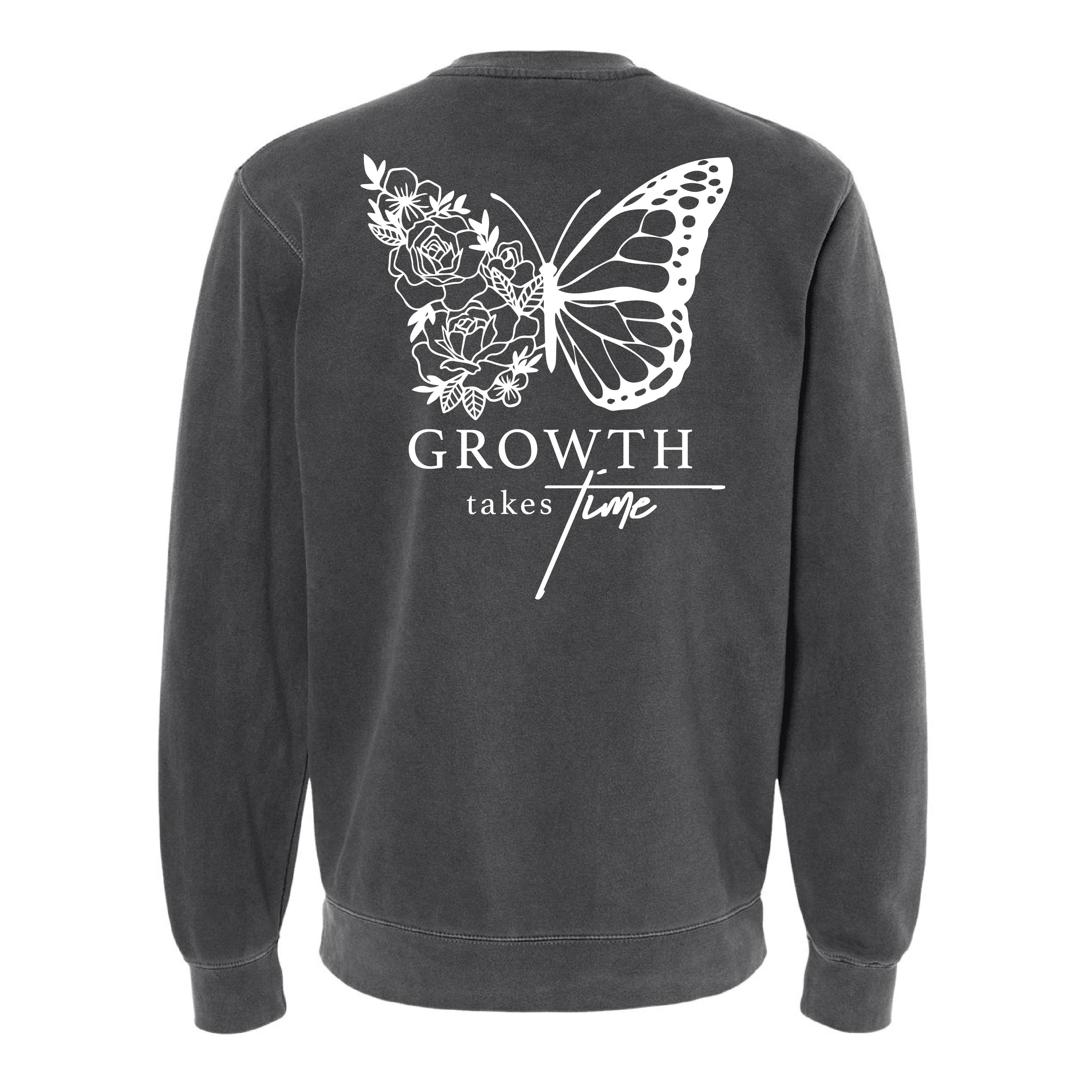 Embroidered/Printed PIGMENT Crewneck (pf&b) - Floral Butterfly / Growth Takes Time Little Mama Shirt Shop LLC