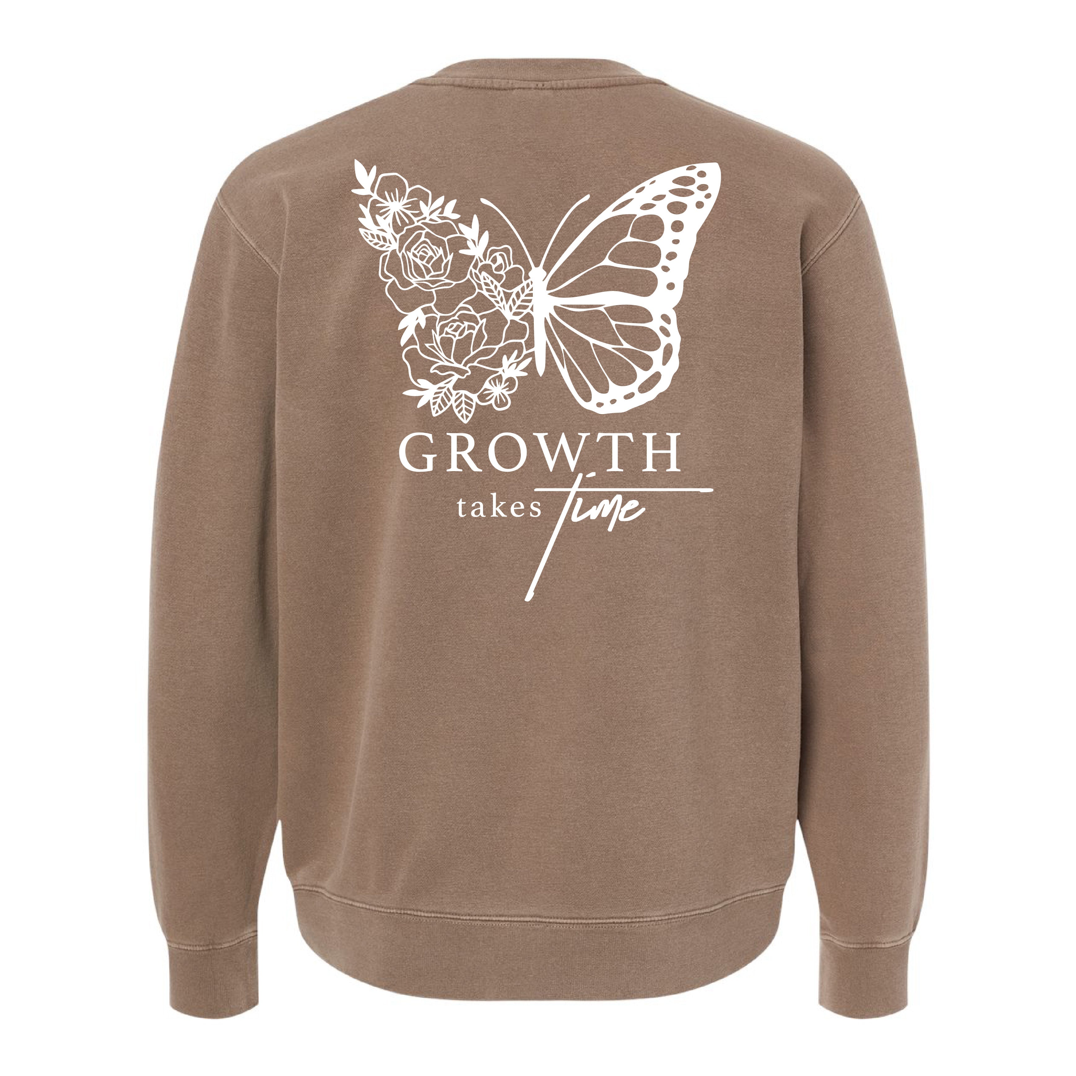 Embroidered/Printed PIGMENT Crewneck (pf&b) - Floral Butterfly / Growth Takes Time Little Mama Shirt Shop LLC