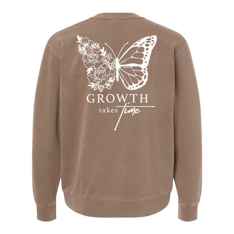 EMBROIDERED Pocket Floral Butterfly on Front w/ Printed Growth Takes Time on Back - Pigment Crewneck Sweatshirt