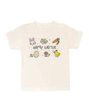 Child tee in natural with 'Happy Easter' text and easter icons surrounding on front, seen on flat lay - Little Mama Shirt Shop