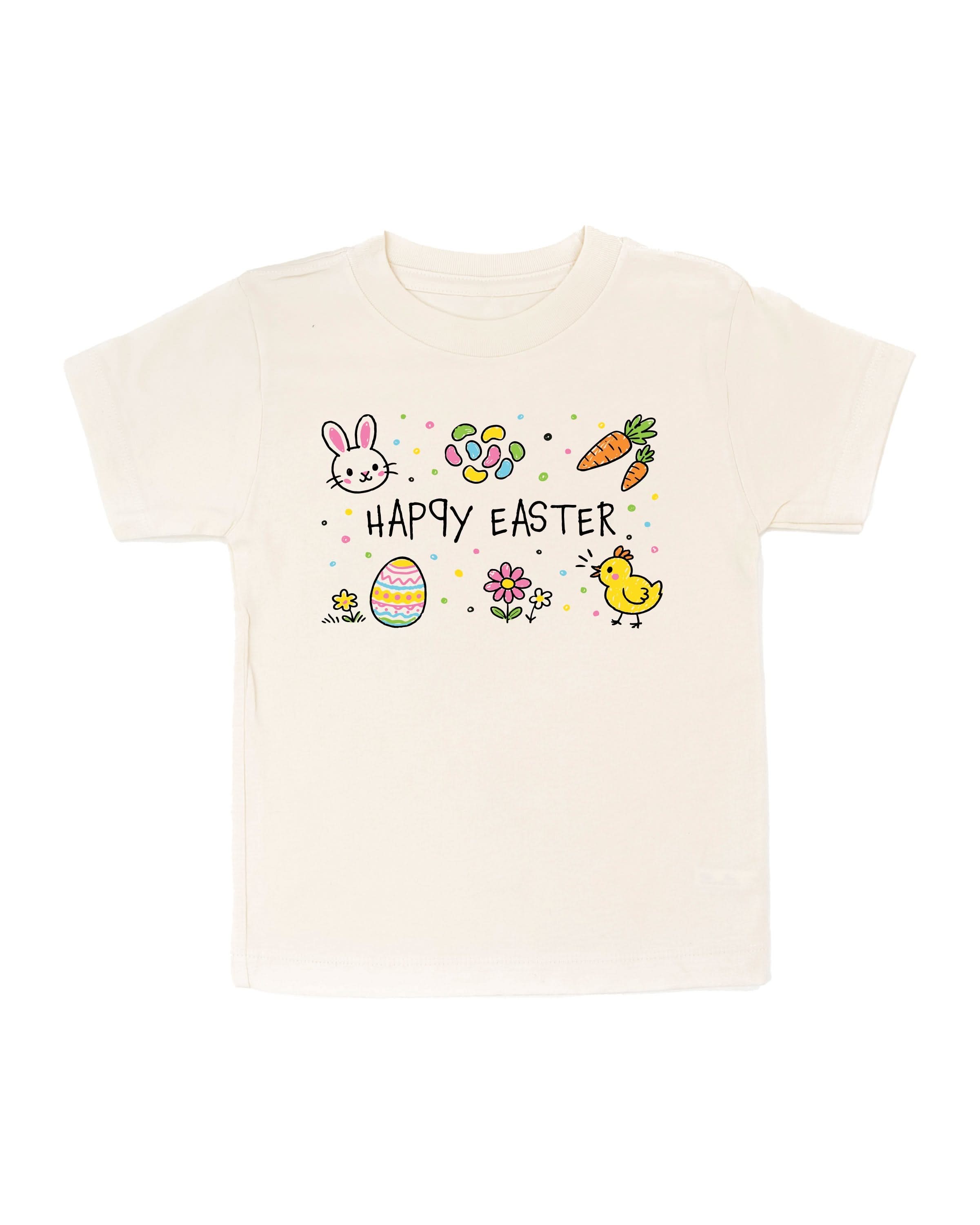Child tee in natural with 'Happy Easter' text and easter icons surrounding on front, seen on flat lay - Little Mama Shirt Shop