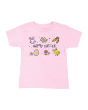 Child tee in ballerina pink with 'Happy Easter' text and easter icons surrounding on front, seen on flat lay - Little Mama Shirt Shop