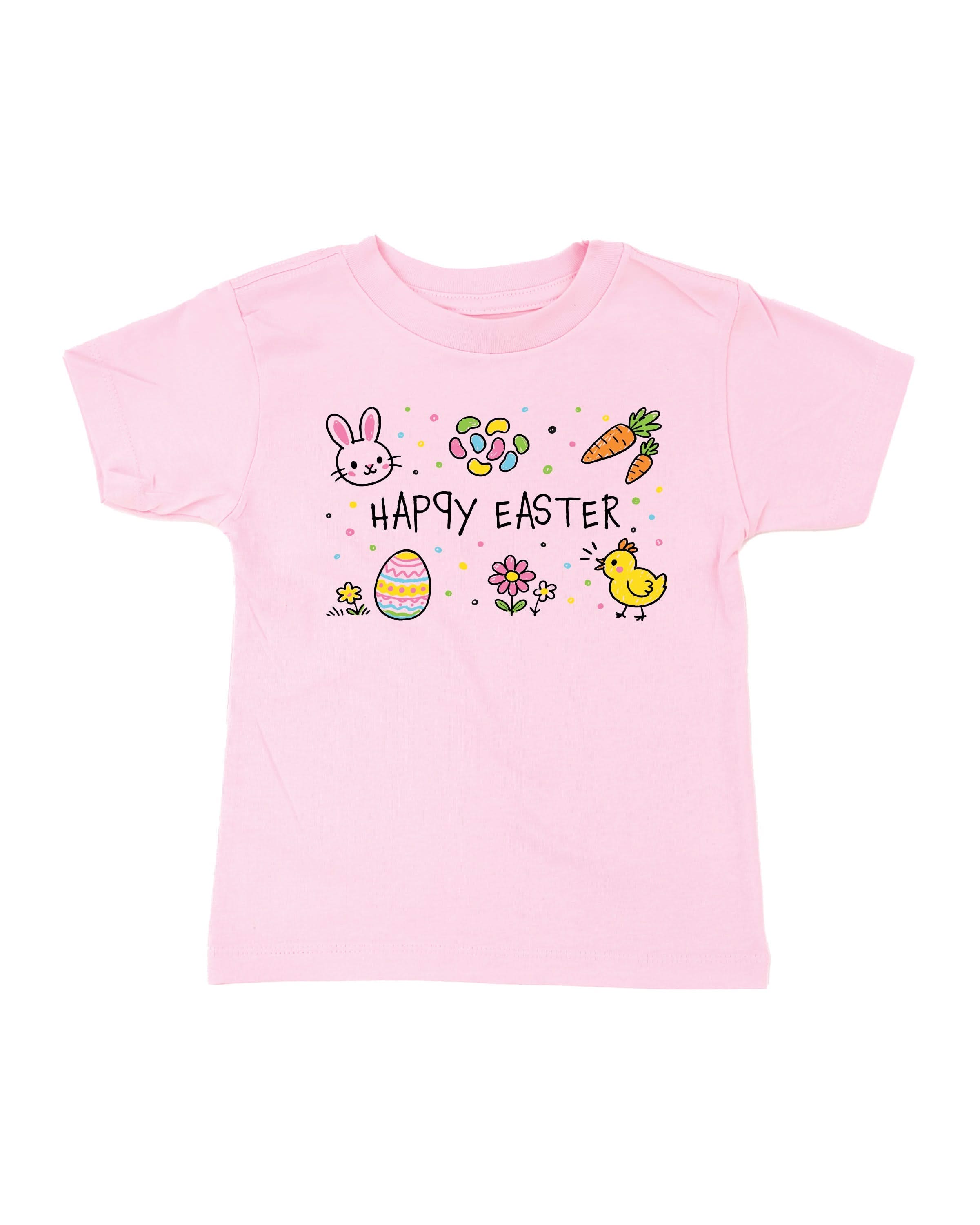 Child tee in ballerina pink with 'Happy Easter' text and easter icons surrounding on front, seen on flat lay - Little Mama Shirt Shop