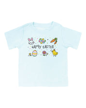 Child tee in ice blue with 'Happy Easter' text and easter icons surrounding on front, seen on flat lay - Little Mama Shirt Shop