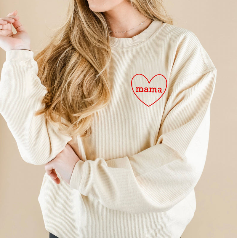 Embroidered Cream Corded Sweatshirt - Mama (Heart Around) - Red Thread